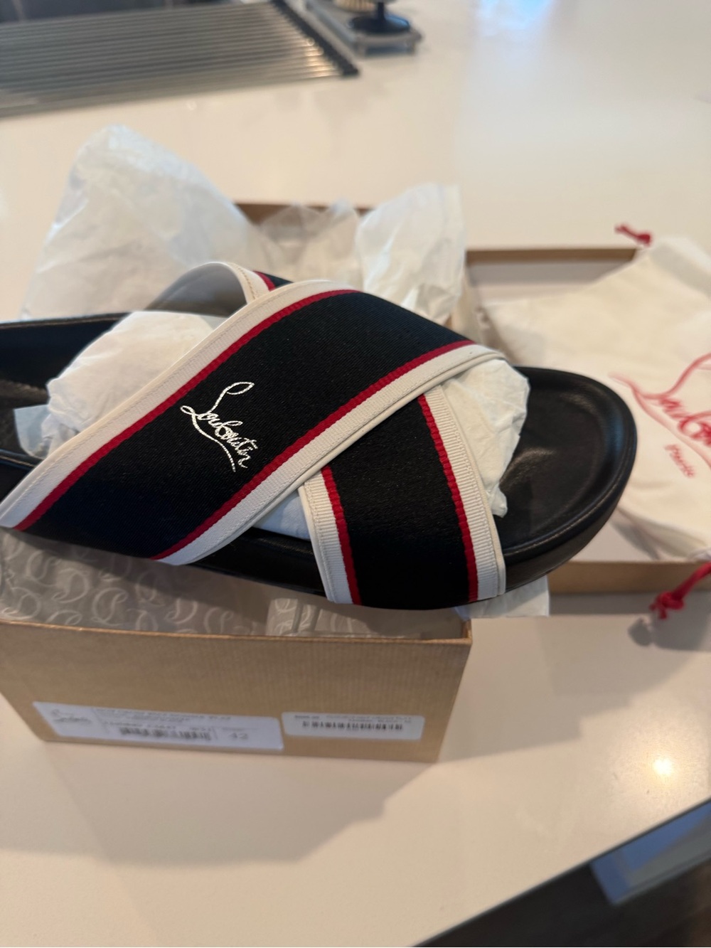 Christian Louboutin Black Slide Sandals with Red & White Piping
